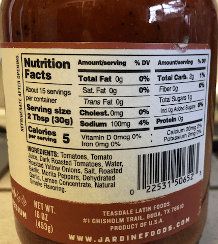 jardines salsa nutrients label