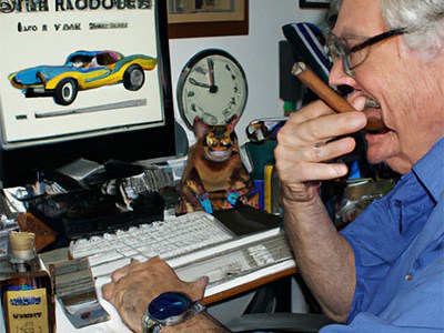 A man with a cigar, in front of a computer, there's a cat, a bottle of whiskey, a clock, and a lot of clutter